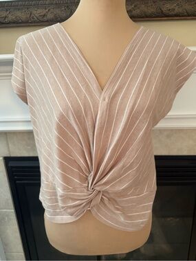 Women’s Knot-Front V-Neck Top - Beige/White Stripe Size L Lightweight Summer